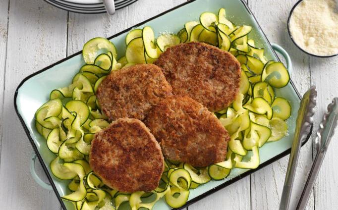 Parmesan-Crusted Cubed Steaks with Zucchini Ribbons